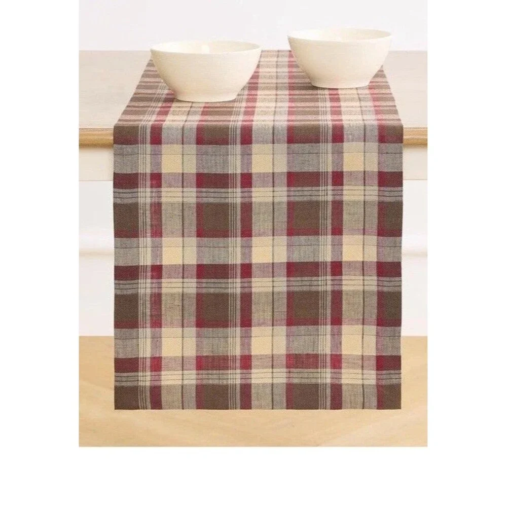 Solino Home 100% Pure Linen Table Runner Fall Dining Party Burgundy Plaid 14x60